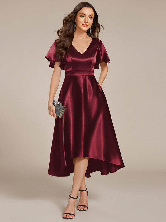 V-neck High-Low Satin (Wedding Guest) Dress with Pockets