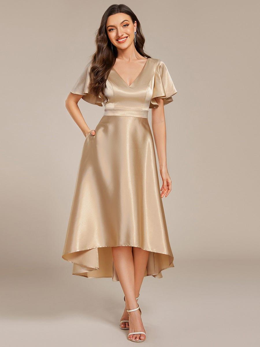 V-neck High-Low Satin (Wedding Guest) Dress with Pockets