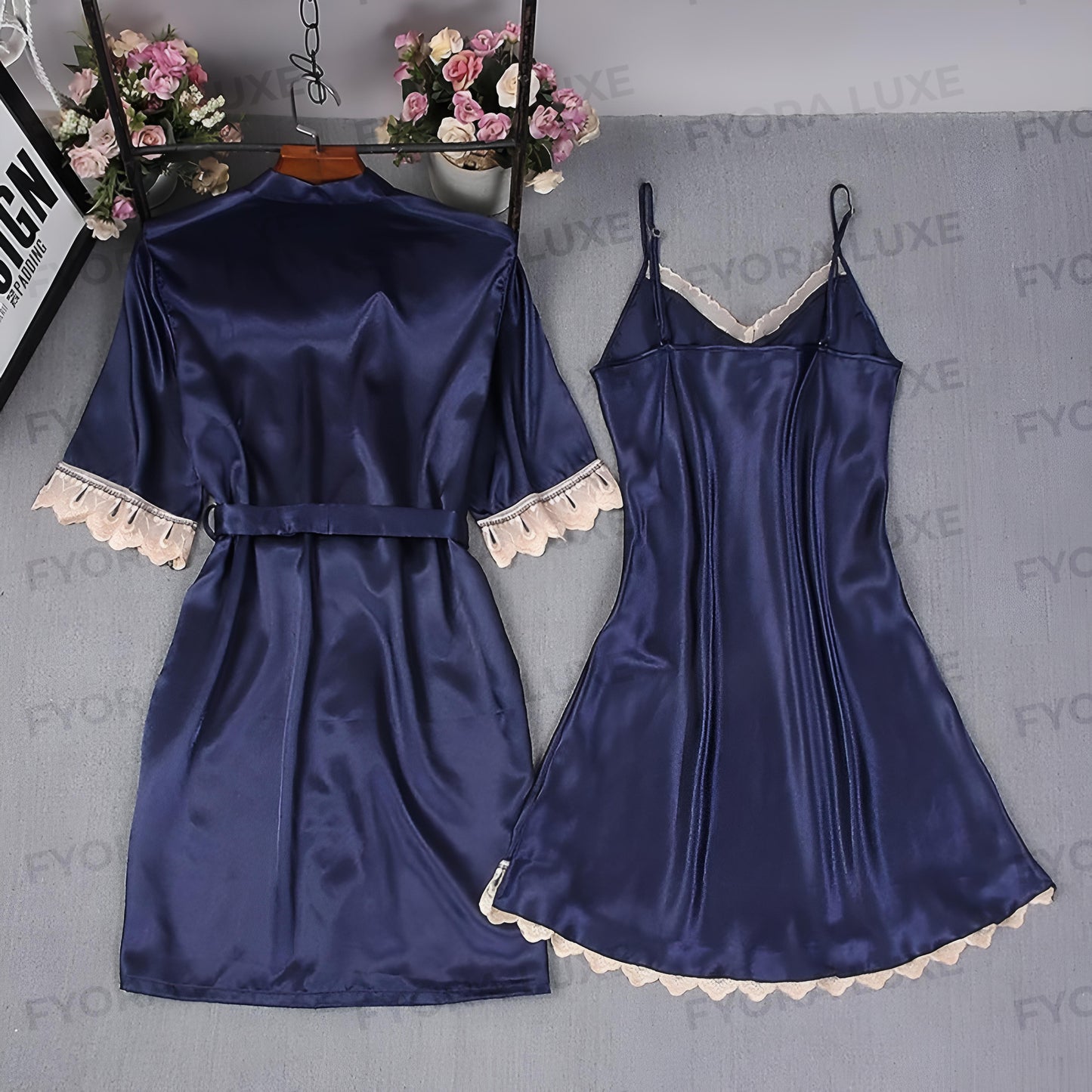 Elegant Satin Lace Trim Nightwear Set – 2pc Robe & Slip Dress