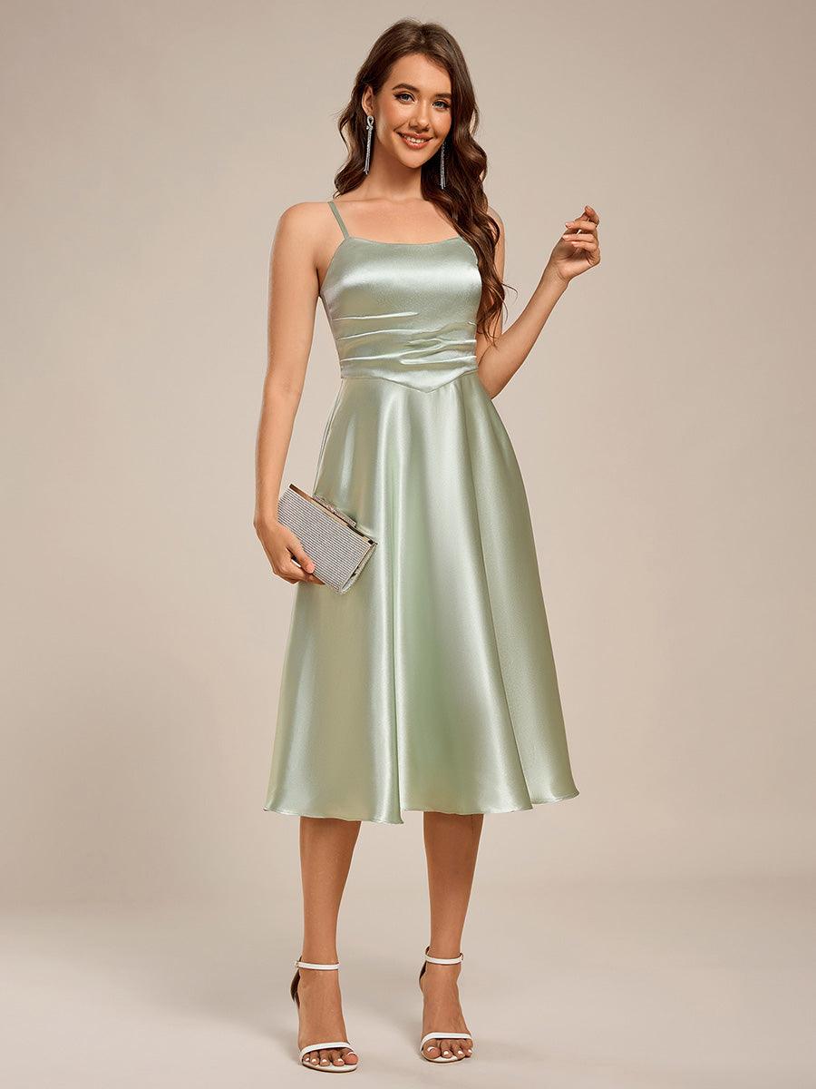 Spaghetti Strap Pleated A-Line Midi Satin Wedding Guest Dress