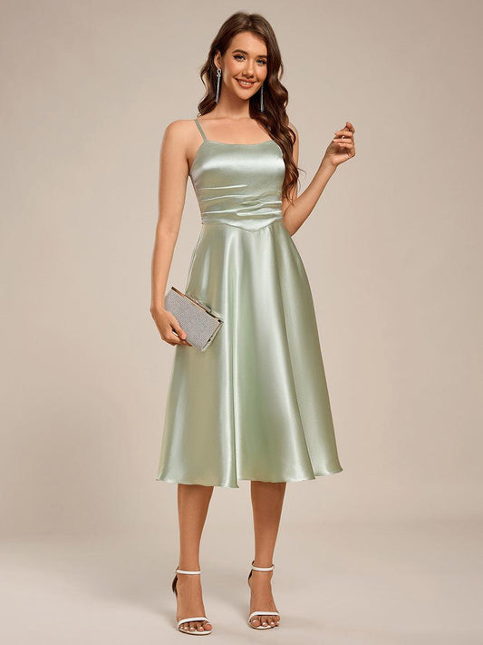 Spaghetti Strap Pleated A-Line Midi Satin Wedding Guest Dress