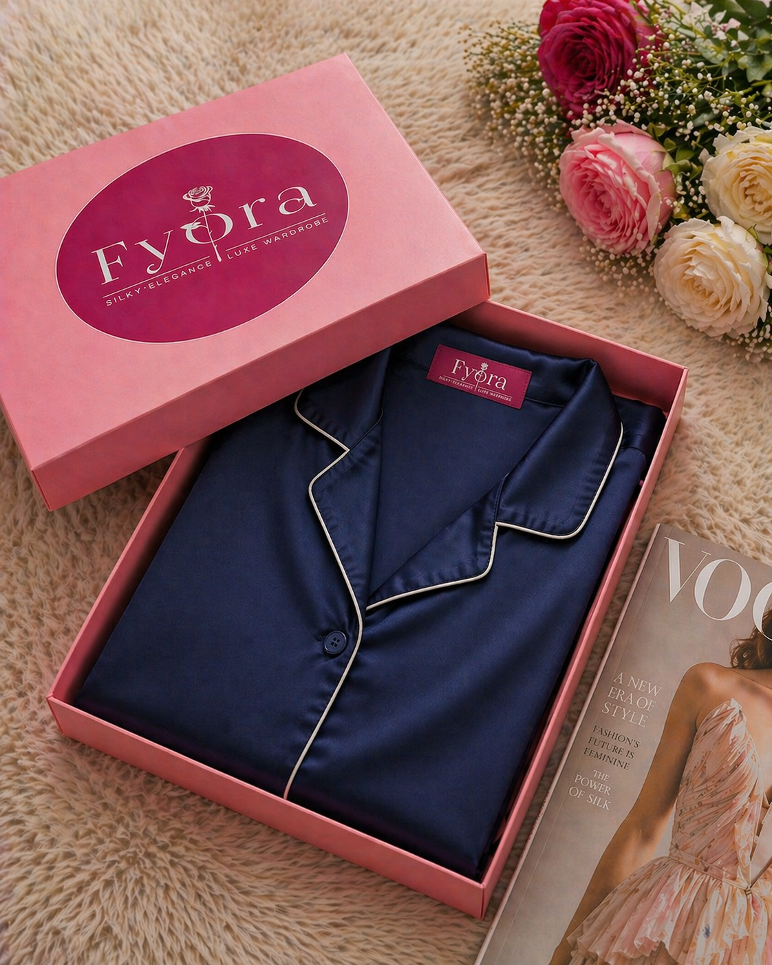 Midnight Navy Premium Silk Pajama Set - Luxury Nightwear 2pc