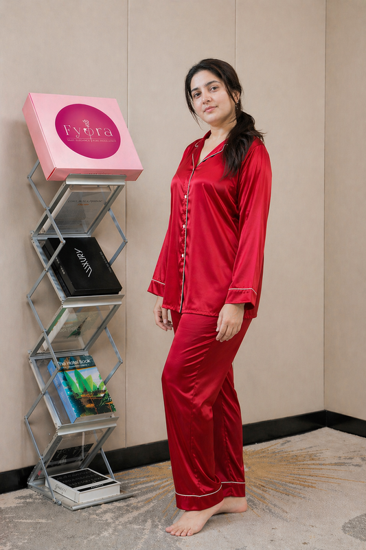 Bold Red Premium Silk Pajama Set - Luxe Statement Nightwear 2pc