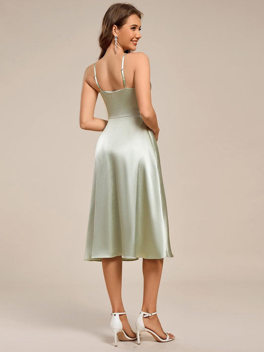 Spaghetti Strap Pleated A-Line Midi Satin Wedding Guest Dress