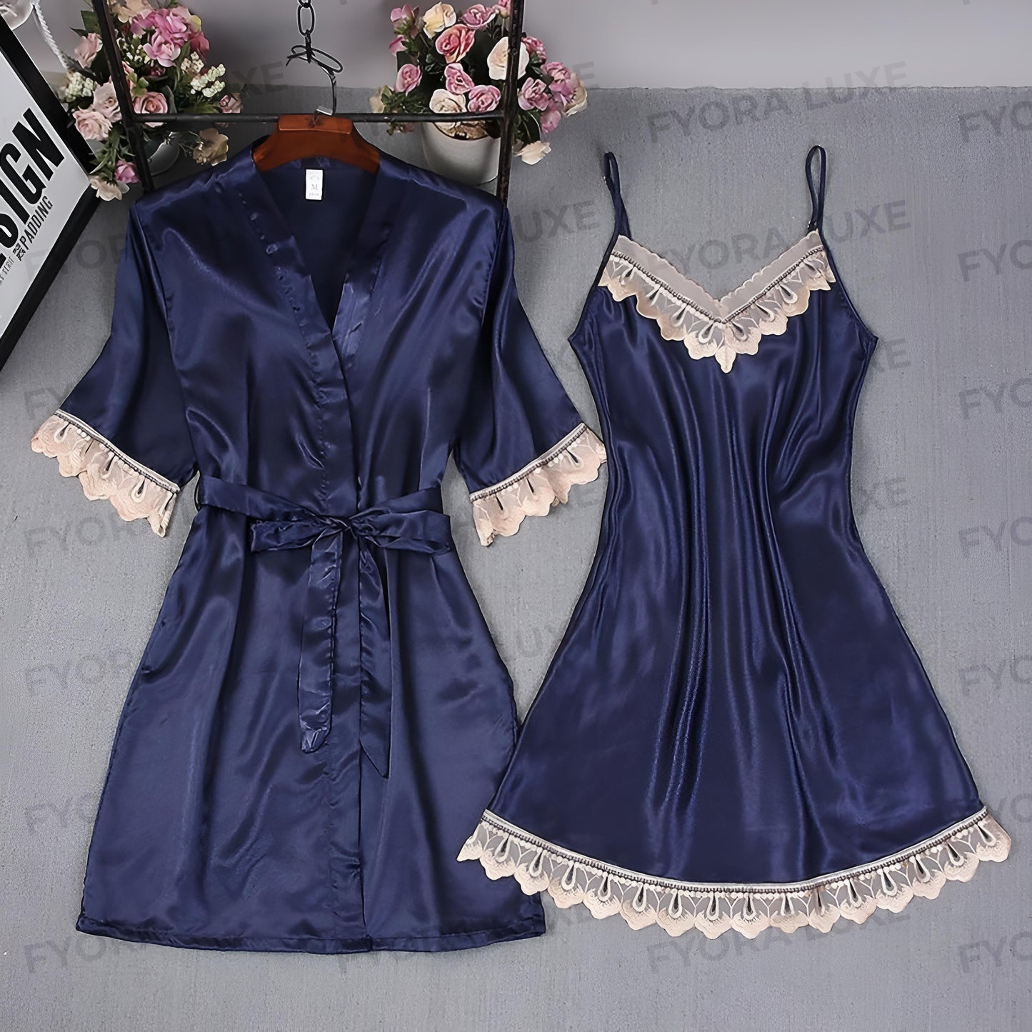 Elegant Satin Lace Trim Nightwear Set – 2pc Robe & Slip Dress