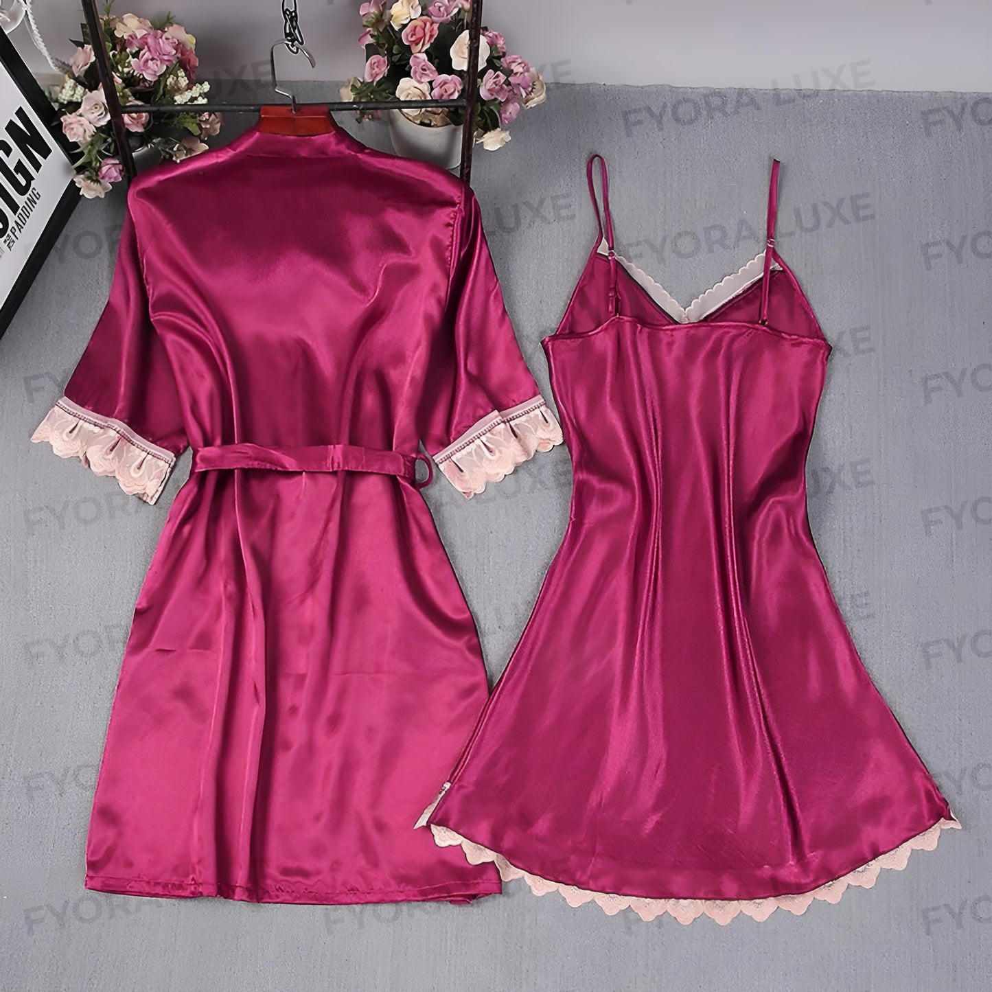 Elegant Satin Lace Trim Nightwear Set – 2pc Robe & Slip Dress