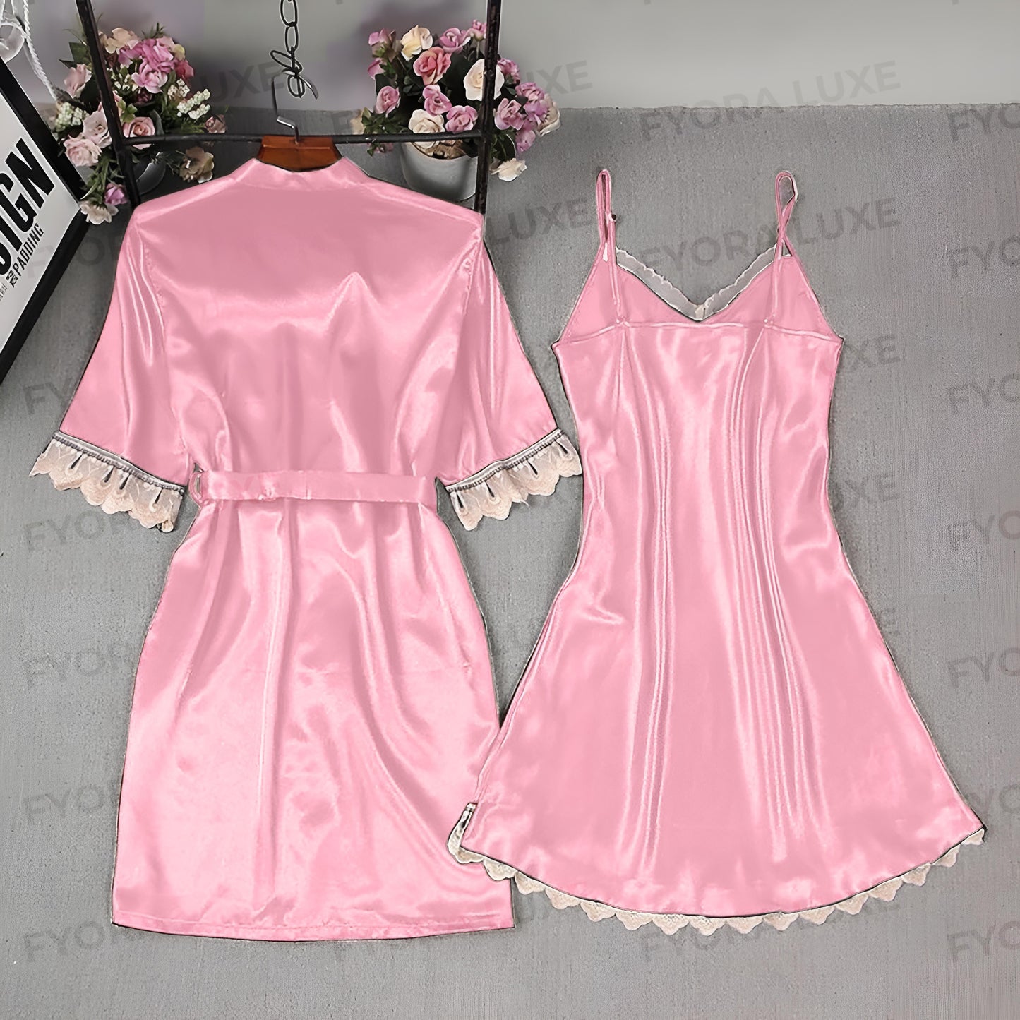 Elegant Satin Lace Trim Nightwear Set – 2pc Robe & Slip Dress